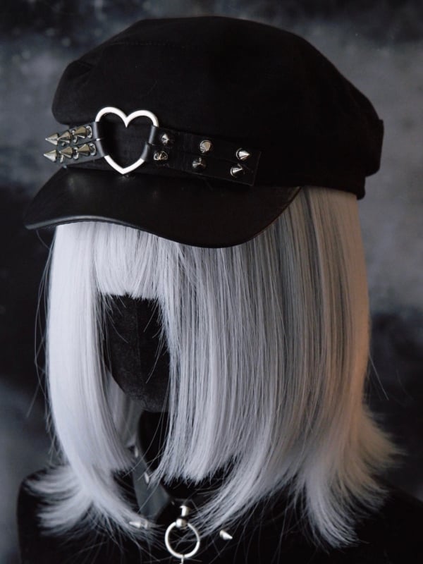 Studs Gothic Details Ring Hat Black Heart Beret