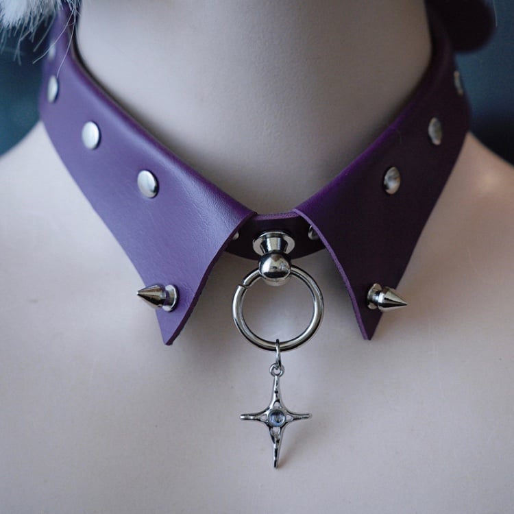 Choker Purple Pendant Cross Details Gothic Studs