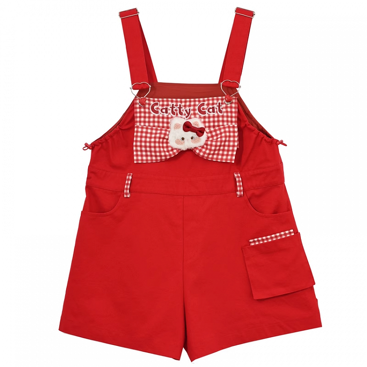 Red Plaid Bowknot Plush Kitty Overall Shorts