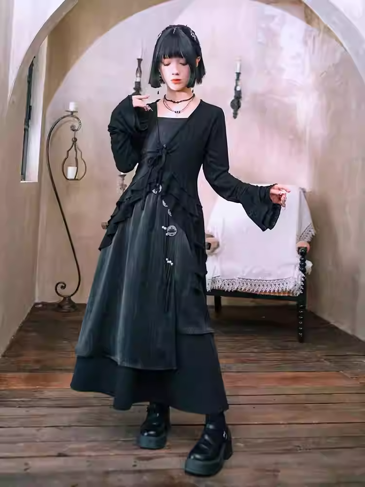 Sleeves Hem Style Asymmetrical Black Layered Cardigan Knitted Cheongsam Bell