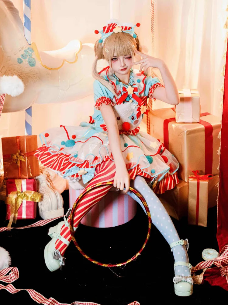 サーカスグリーンのロリータドレスとクラウンコアのスイートパステルボディスオーバーオール、バニーオレンジのクラウンフリース