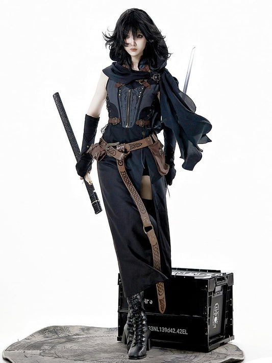 Schal Graues Kleid Ärmel Oberschenkelhoch Ärmellos Gürtel Schlitz Schwarze Shorts + und Kapuze