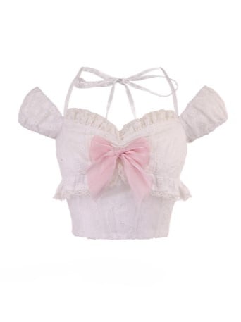White Straps With Bow Pink Floral Embroidered Puff Sleeve Top Self-tie