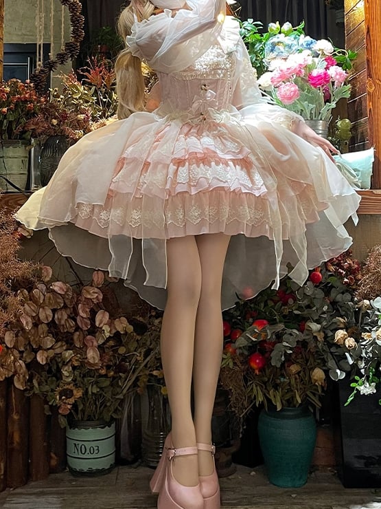 Fabric Jacquard Skirt Tiered Lolita Dress Jumper Balletcore Sweet Rosette Pink Accents