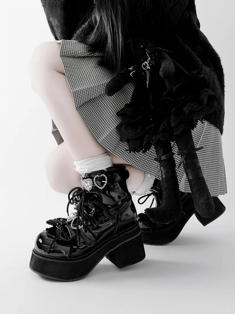 Plateau Stiefeletten Schnallen Jirai Kei Poliert und Schwarz Strass Sweetheart mit