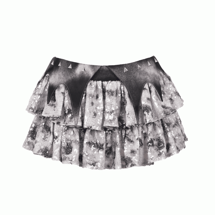 Fashion Waistband Skirt Low Y3K Waist Bat Wing Detail Sequins Tiered Cyberpunk Futuristic Silver Gray