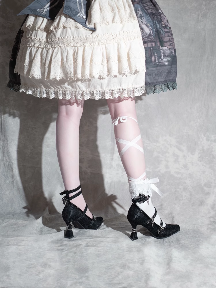 Gothic Black Pointed Toe Lace 8.5cm High Heels Multiple Buckle Straps