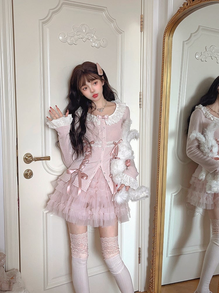 Pink Knitted Cardigan with Ruffled Lace Ribbon Bow Accents