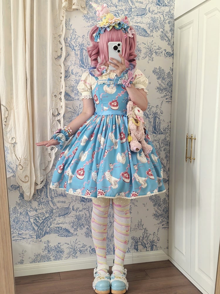 Dress Print Skirt Cute Lolita Jumper Showa Fluffy Kitty Blue Sweet