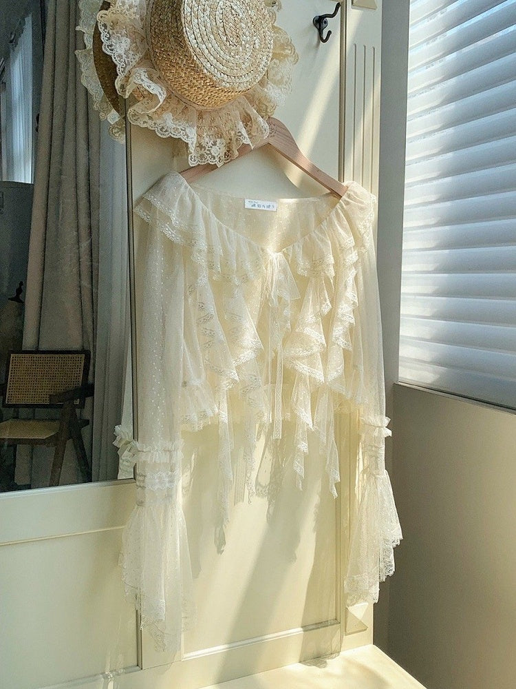 Long Sleeves Tulle Cascading Sheer Trim Top Beige Ruffle Dotted