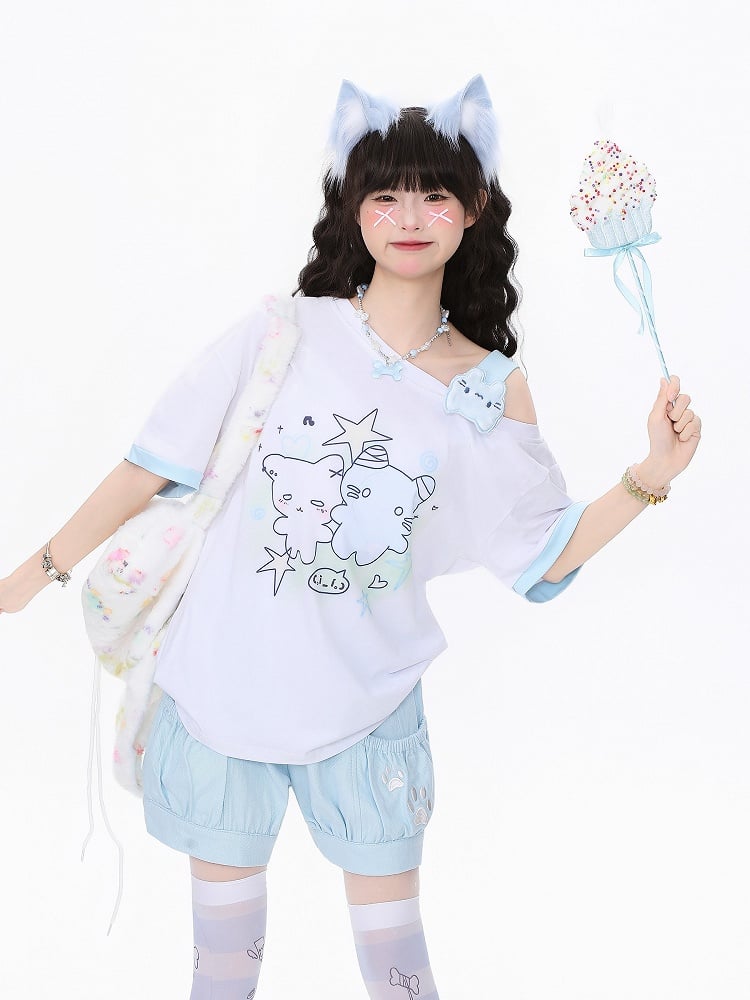 Embroidered Dog Paw Shorts Blue/Pink/Black