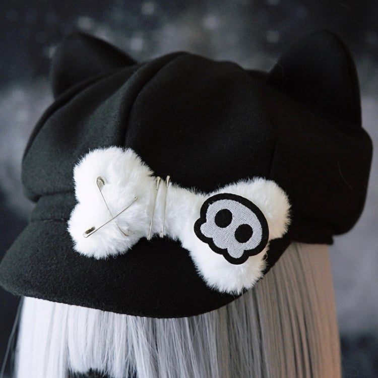 Applikation Baskenmütze Knochen Pin Katze Hut Plüsch Skelett Design verziert Ohr Gothic schwarz