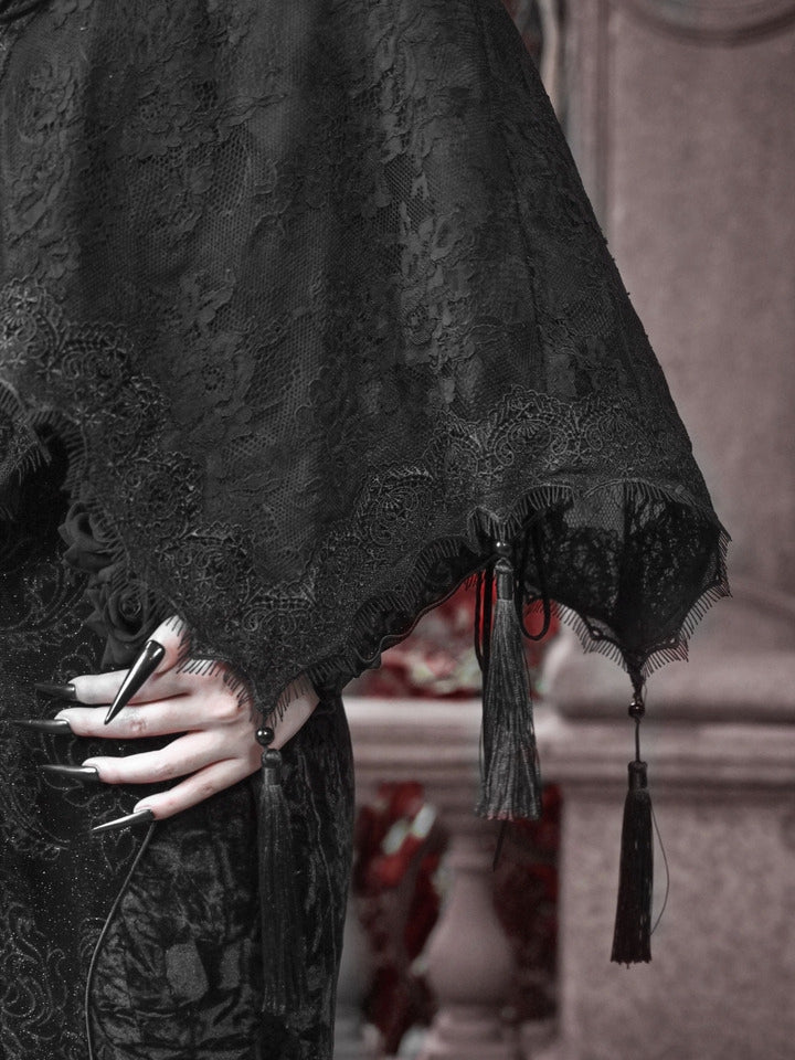 Goth Quasten Saum Spitze Vampir Ständer Schwarz Kragen Cape Schal