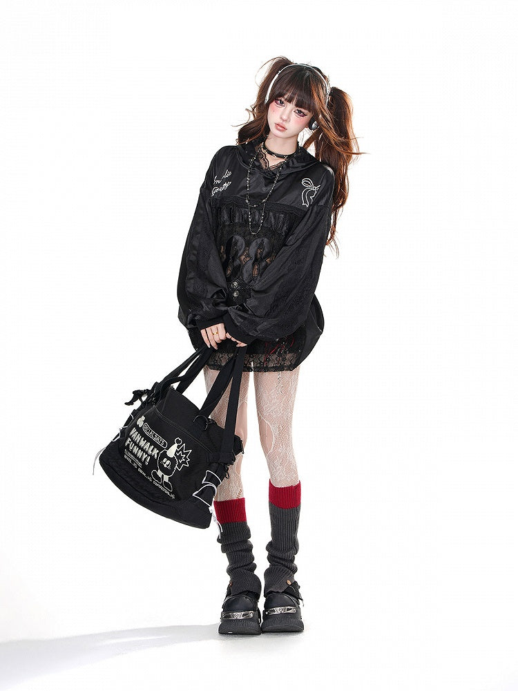 Black/White Bowknot Embroidery Contrast Lace Patches Loose Hoodie