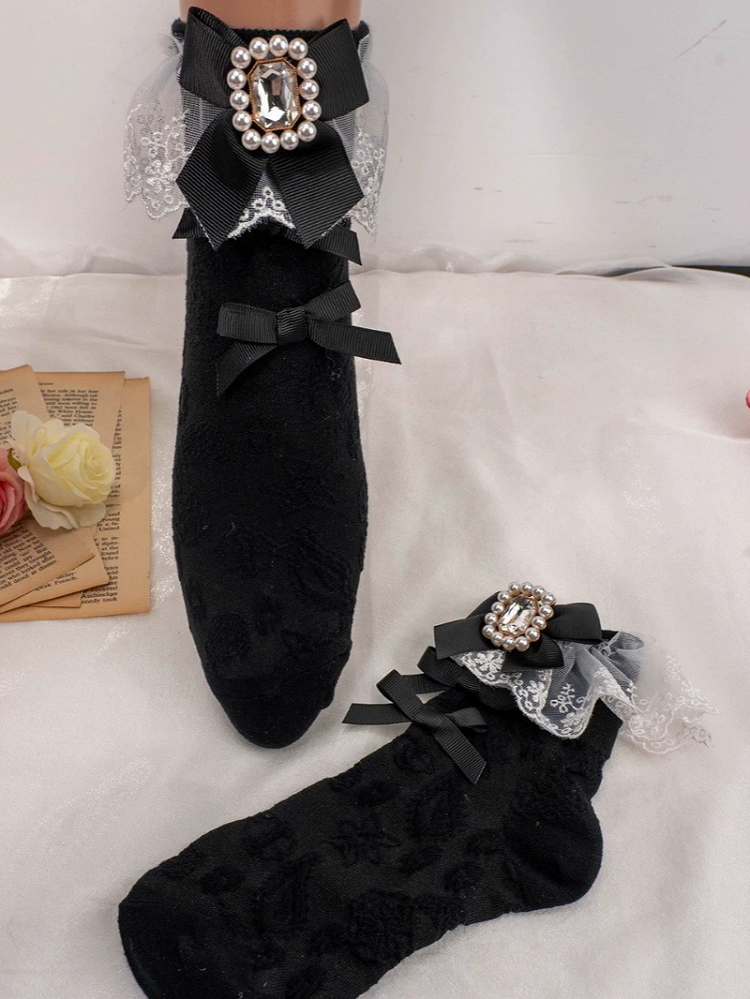 Cuffs Socks Rhinestone Bowknot Kei Jirai Lace Calf Details White/Black