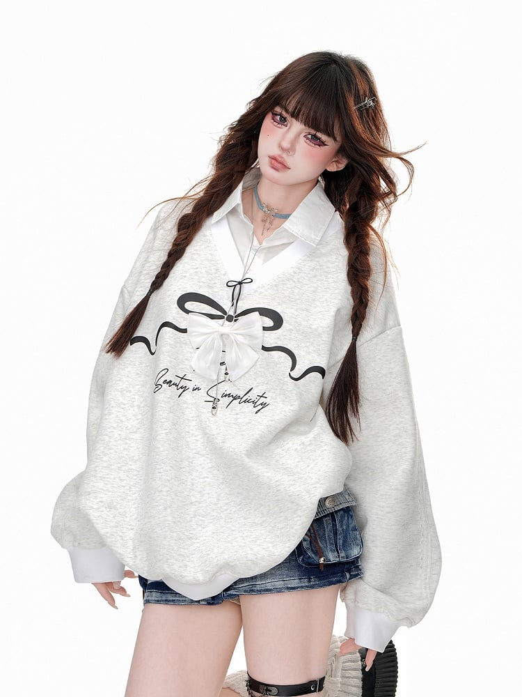 Gray Collar Bow Two-Piece Faux Sweatshirt Polo with Detachable -