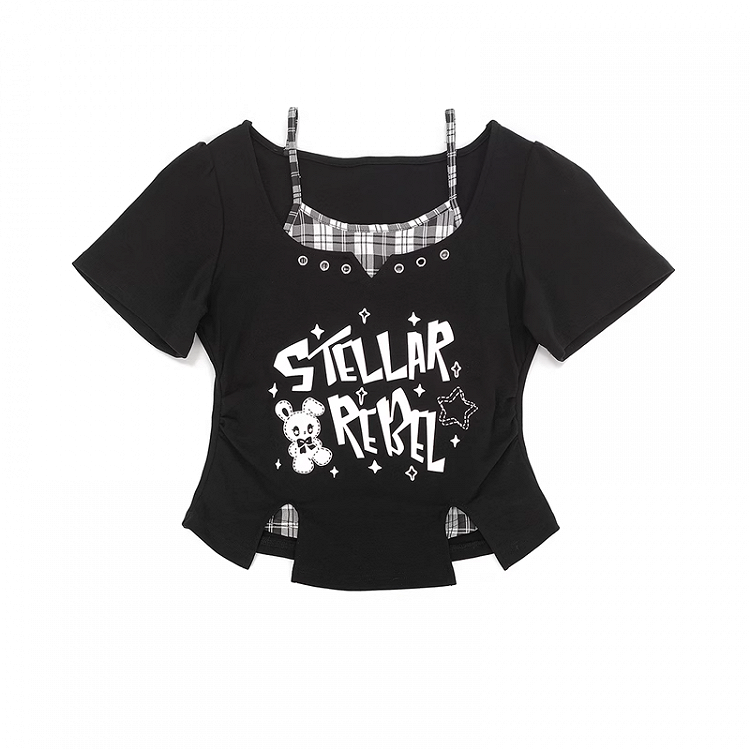 Y2K Black Print T-Shirt Pink/Black Faux Two-Pieces White Bunny