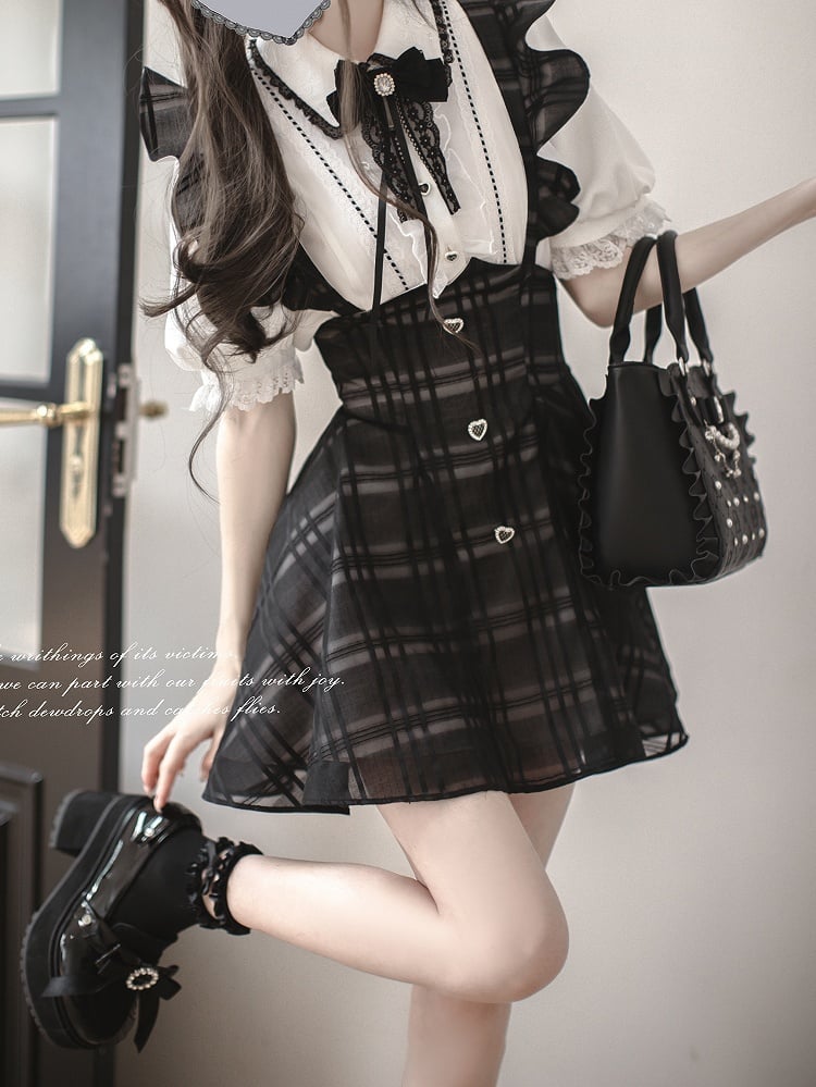 Lace Bow Tie with Rhinestone Decoration Jirai Kei Black