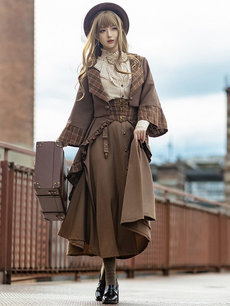 Train Hem Brown Ruffled Plaid Dark Pattern Steampunk