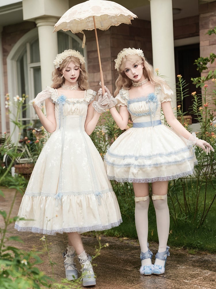 Lolita Lace and Puff Sleeves Dress Neckline Light Square Beige Trims Short Blue