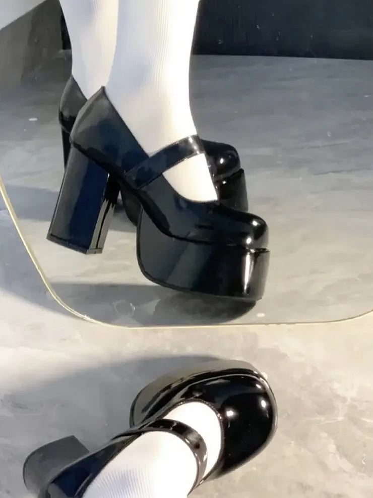Y2K Absatz hoch – Mary Circular mit Akzent-Stil Schwarze Jane Blockschuhe Schnalle