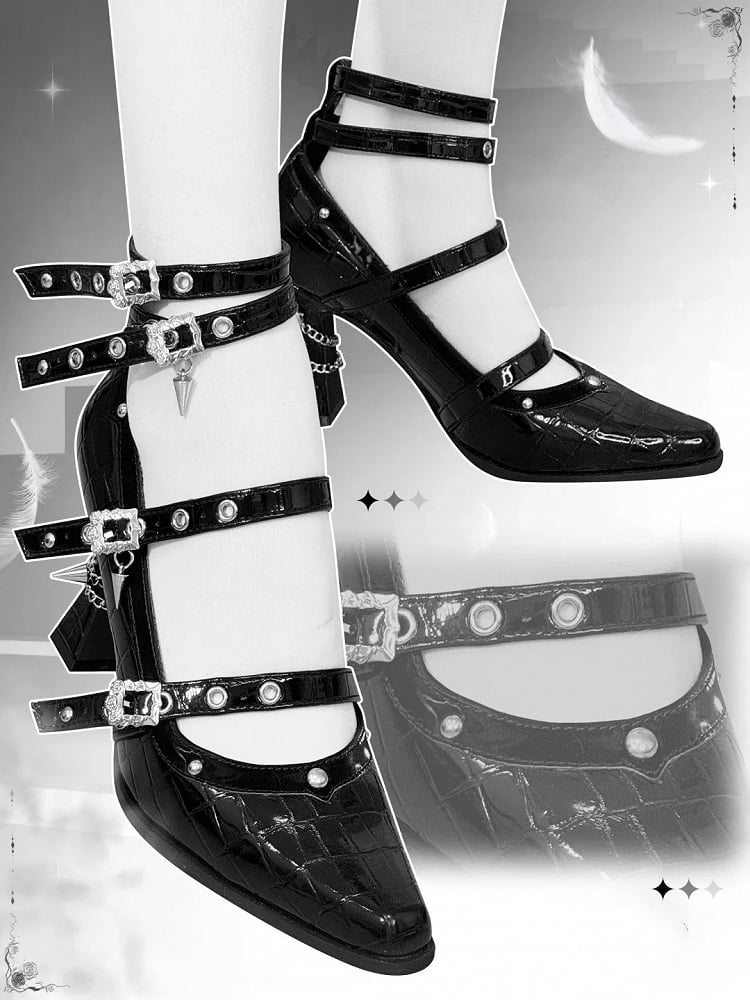 in Buckle Leather Faux Polished 8.5cm Gothic Heel High Crocodile Multiple Heels Straps with Black