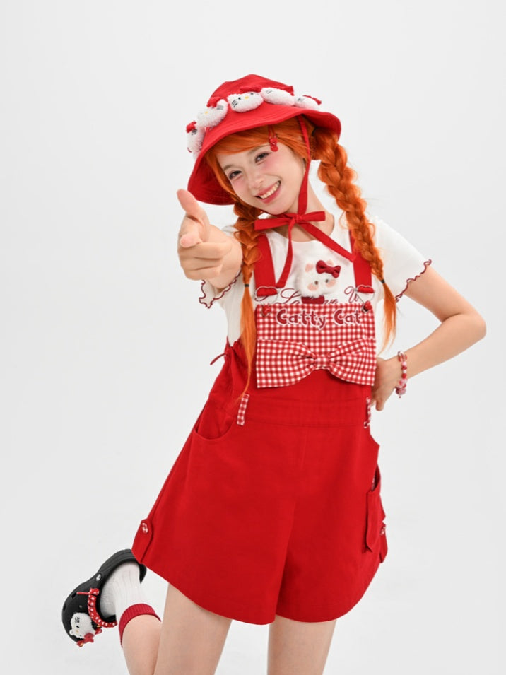 Red Plaid Bowknot Plush Kitty Overall Shorts