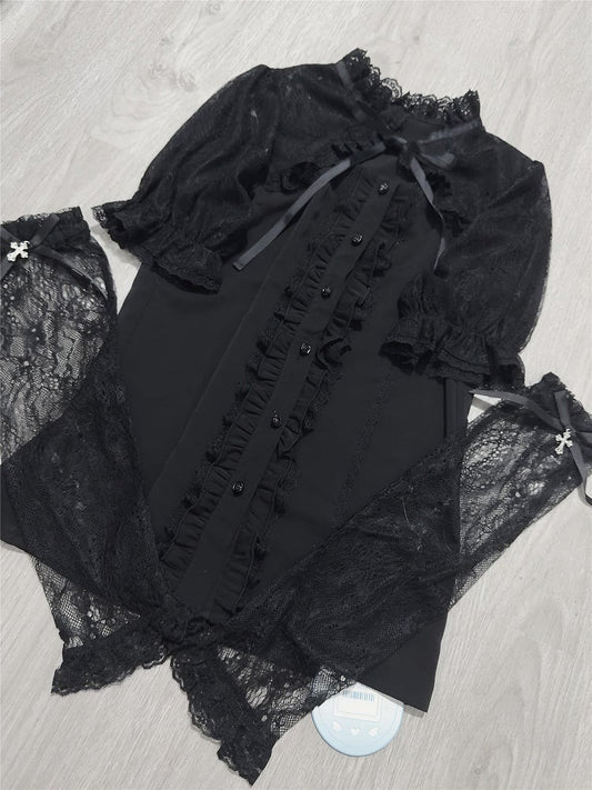 Jirai Kei Schwarzes Spitzencape, kurzärmelige Bluse/nur Ärmel