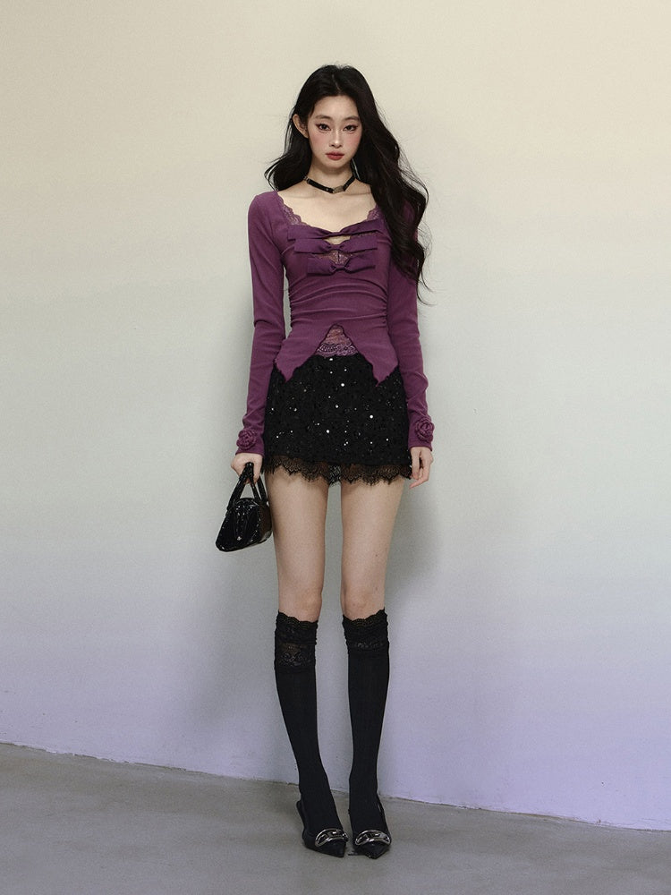 Purple V-neck Top Knitted Detail Contrast Lace Patches Glamorous Bowknots