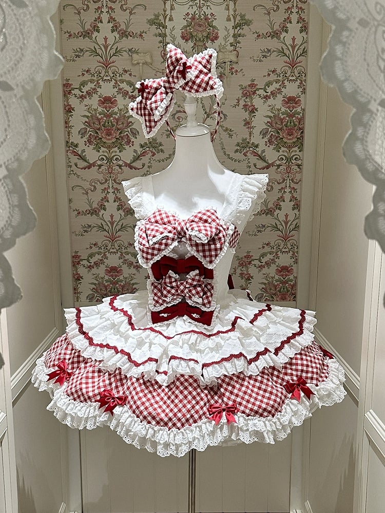 and Hem Scalloped Dress Edge with Sweet Skirt Pattern Lolita Gingham Tiered White Trim Red