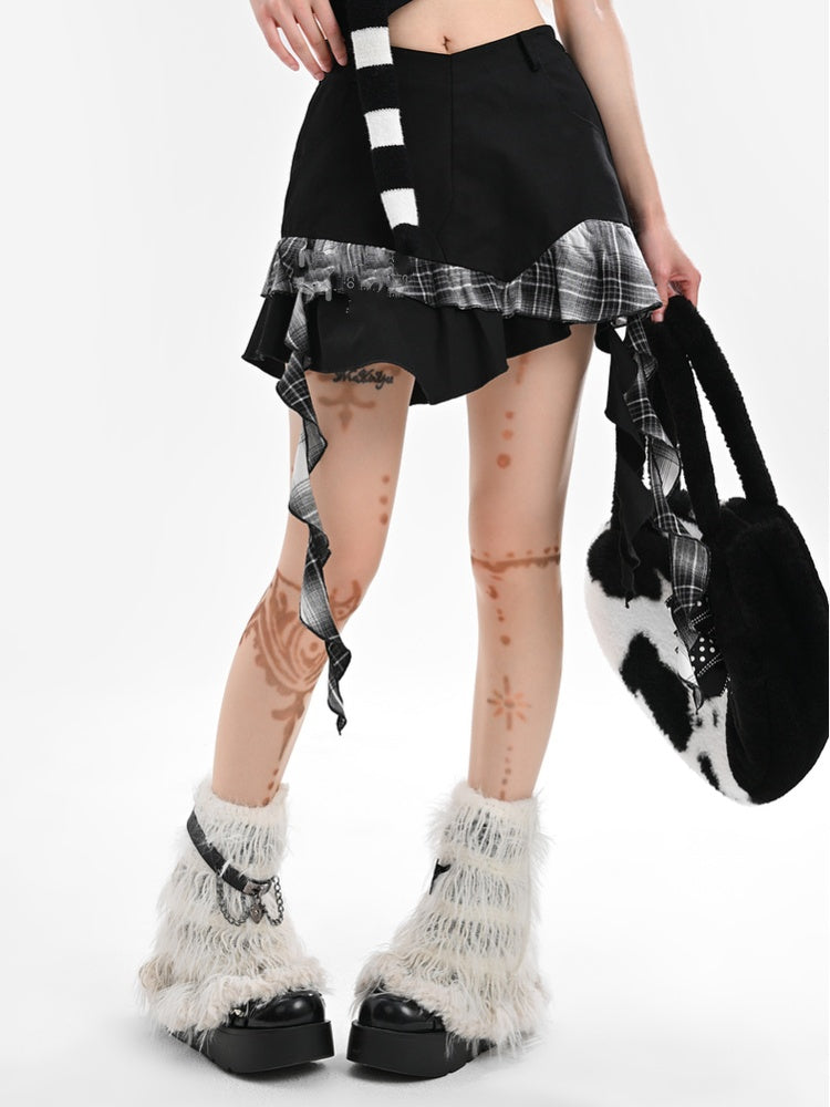 Black Plaid Asymmetrical Ruffled Hem Skirt