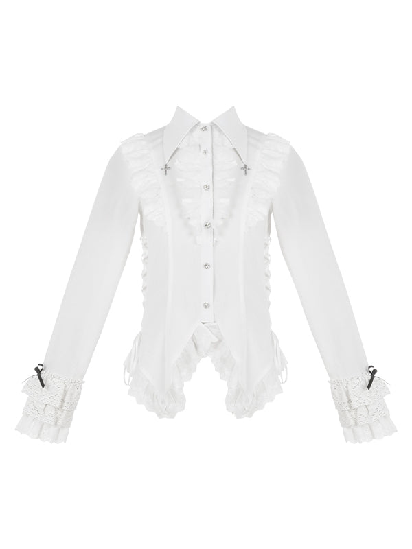 White Lace Trimming Cross Charm Collar Ouji Lolita Shirt