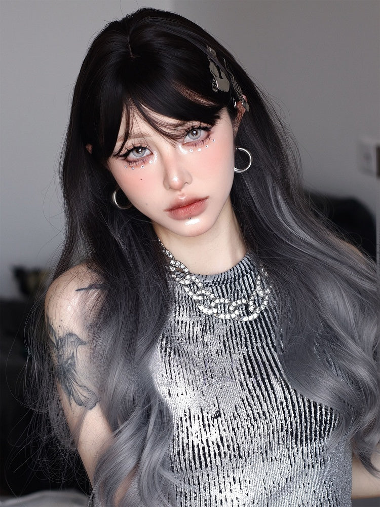 With Ombre Length And Wavy Bangs Wig Black 70CM Gray