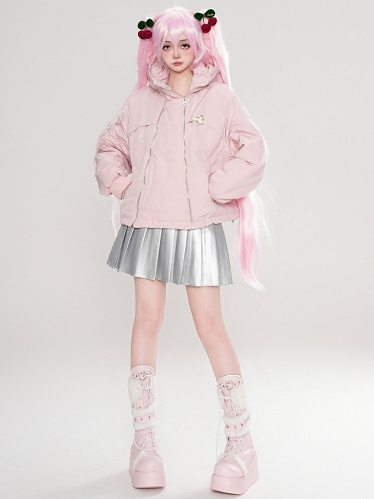 Schwarz/Rosa Reißverschlüsse Katzenohren Kapuze Dicker Reißverschluss Hoodie