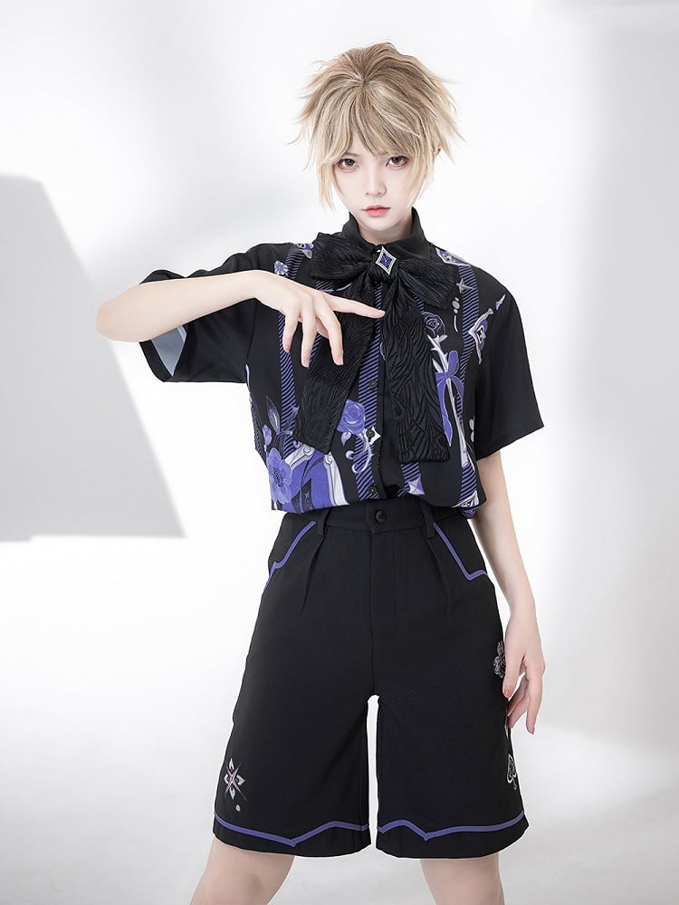 Ouji Fashion Bowtie with Magician Print Rose Summer Shirt and Poker