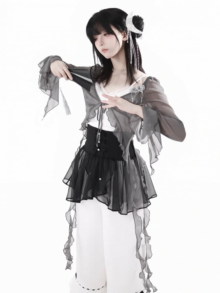 Overlay Corset Belt Mesh Style Black Cheongsam Knot Buttons