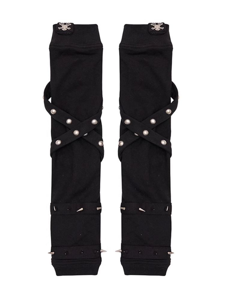 Criss-cross Straps Studded Gloves Black/Gray/Pink