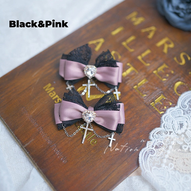 5 Heart Rhinestone Lace Trim Jirai Kei Bow Hairclips Chain Colors Cross
