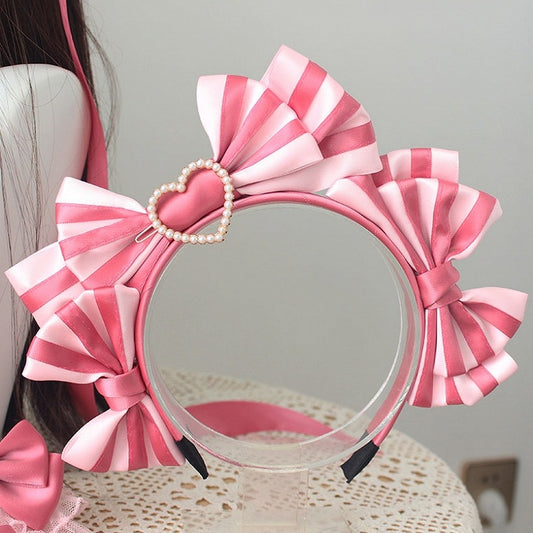 Beaded Heart Striped Pattern Bowknot Details Pink KC