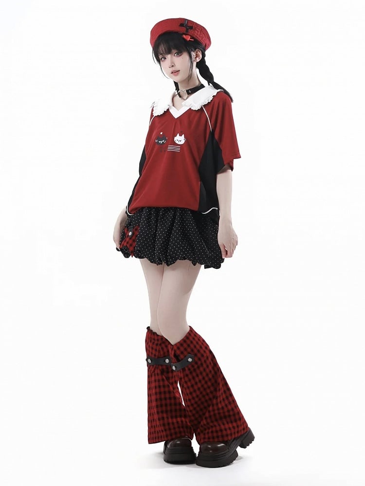 Belt Black Polka Buckle Star Dot Mini Bubble Skirt Plaid Applique with Red