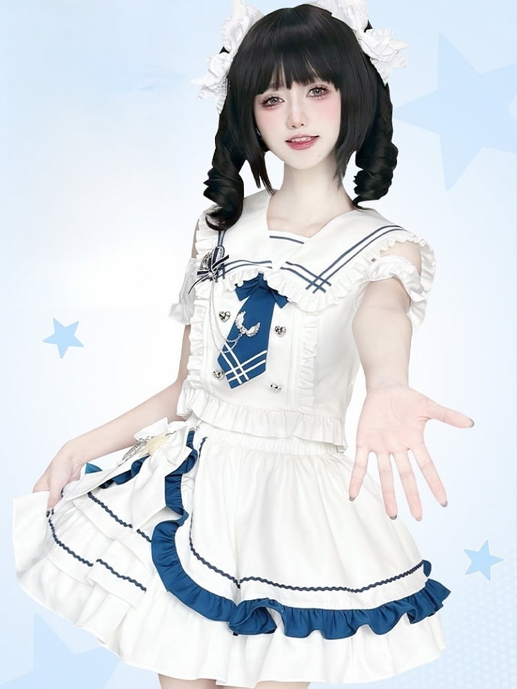 Shoulder Top Cutout Skirt White with Tiered and Sailor Collar