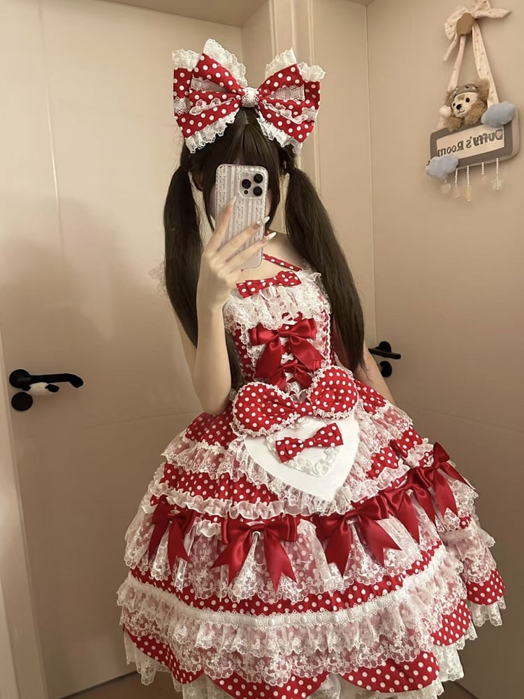 Polka Lolita Dress Skirt Pattern Accents Bow School Old Dots Red Jumper
