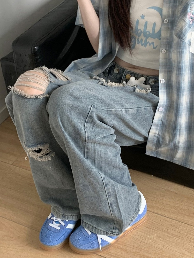 Straight-leg Jeans Blue Low Charm Free Rise Distressed Holes with