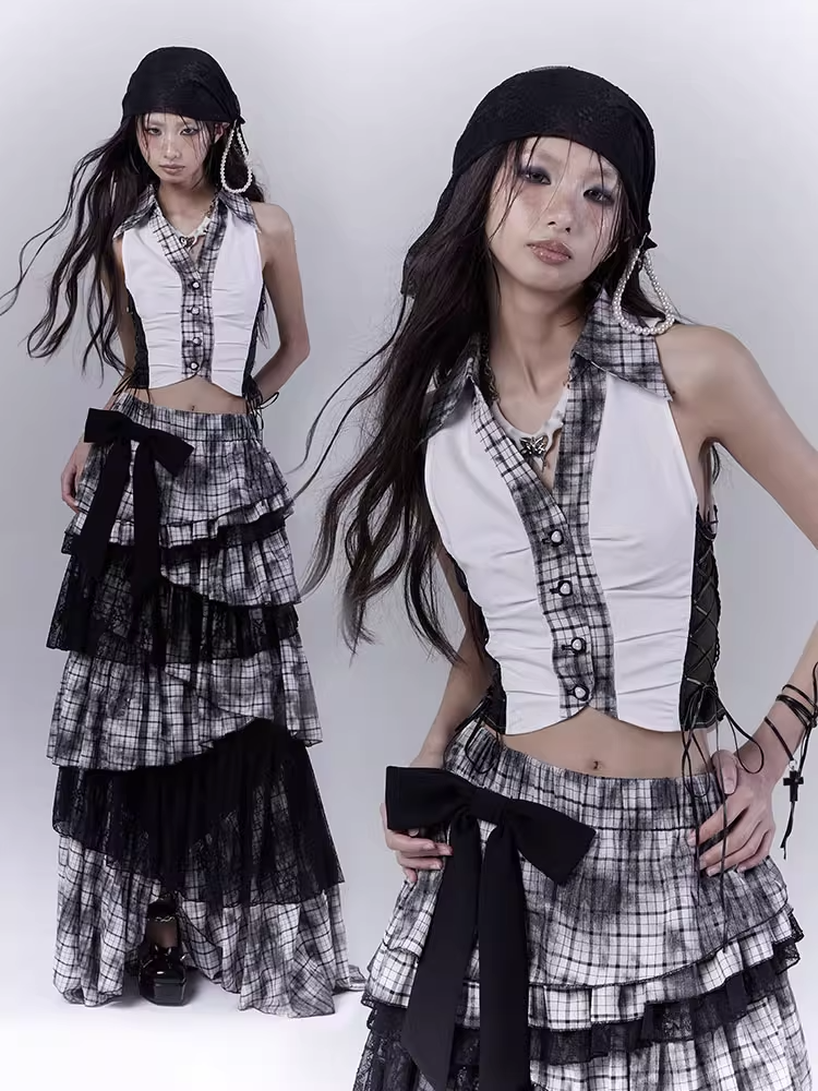Shirt Black Plaid Collar Side Pattern Cropped Sleeveless Top with Lace-up Details