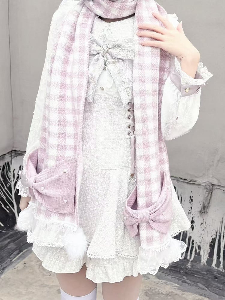 Bowknots Pink Trim Jirai with Kei Beaded Lace Pompons White Plaid Scarf and