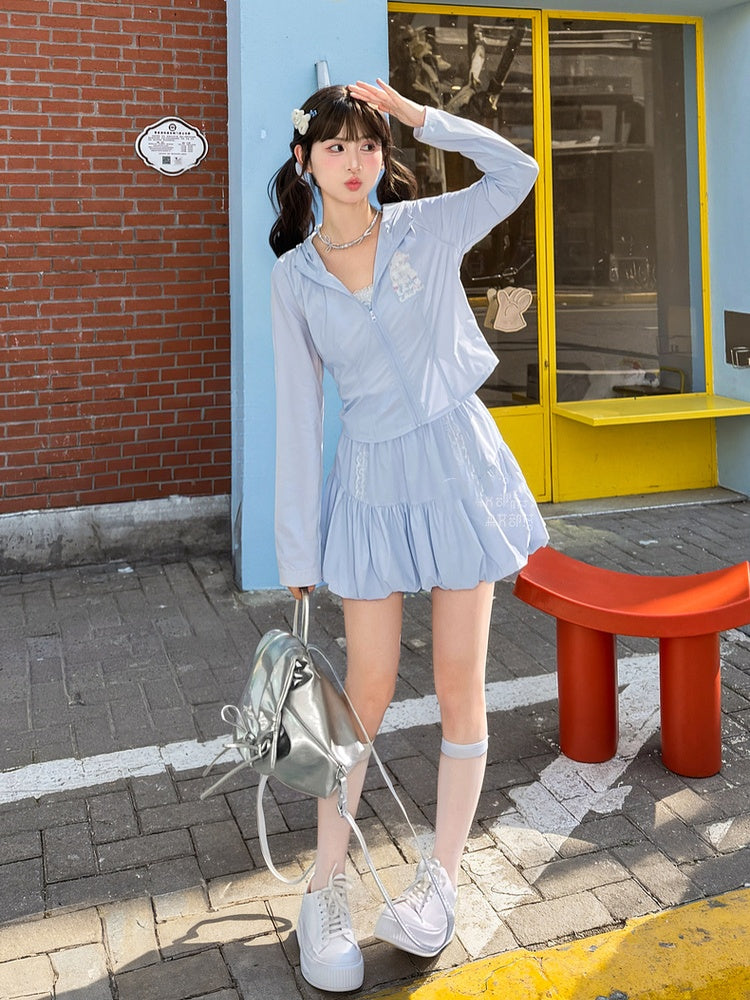 Light Blue Elastic Waist Sweet Bubble Skirt
