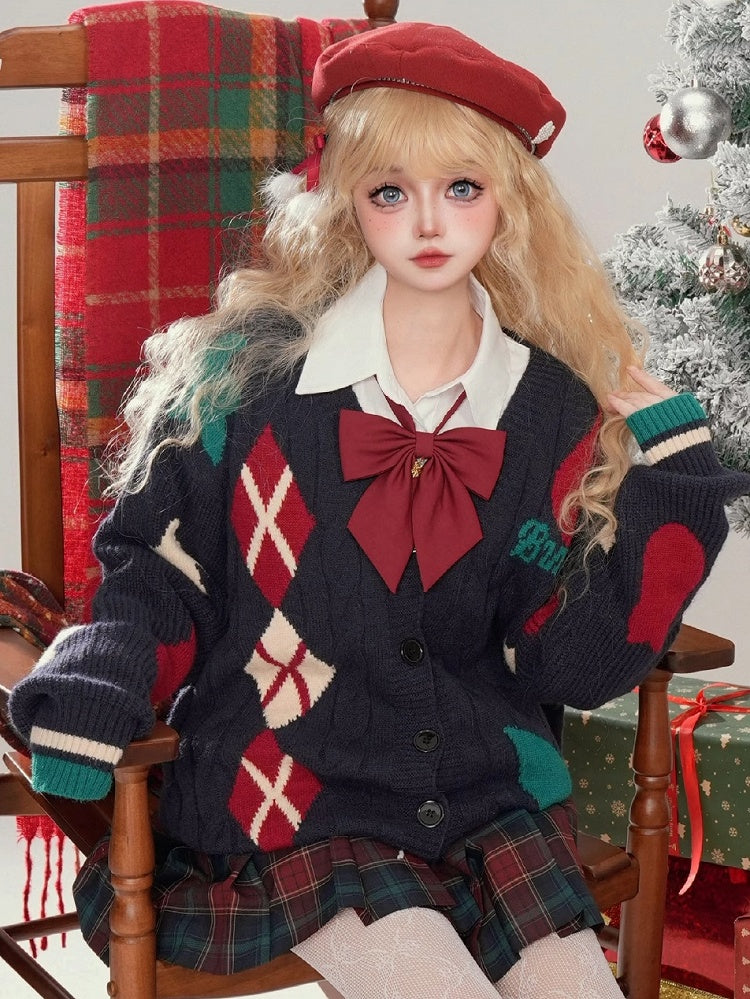 Weihnachts-Cardigan mit V-Ausschnitt und Rautenmuster in Milchweiß/Marineblau