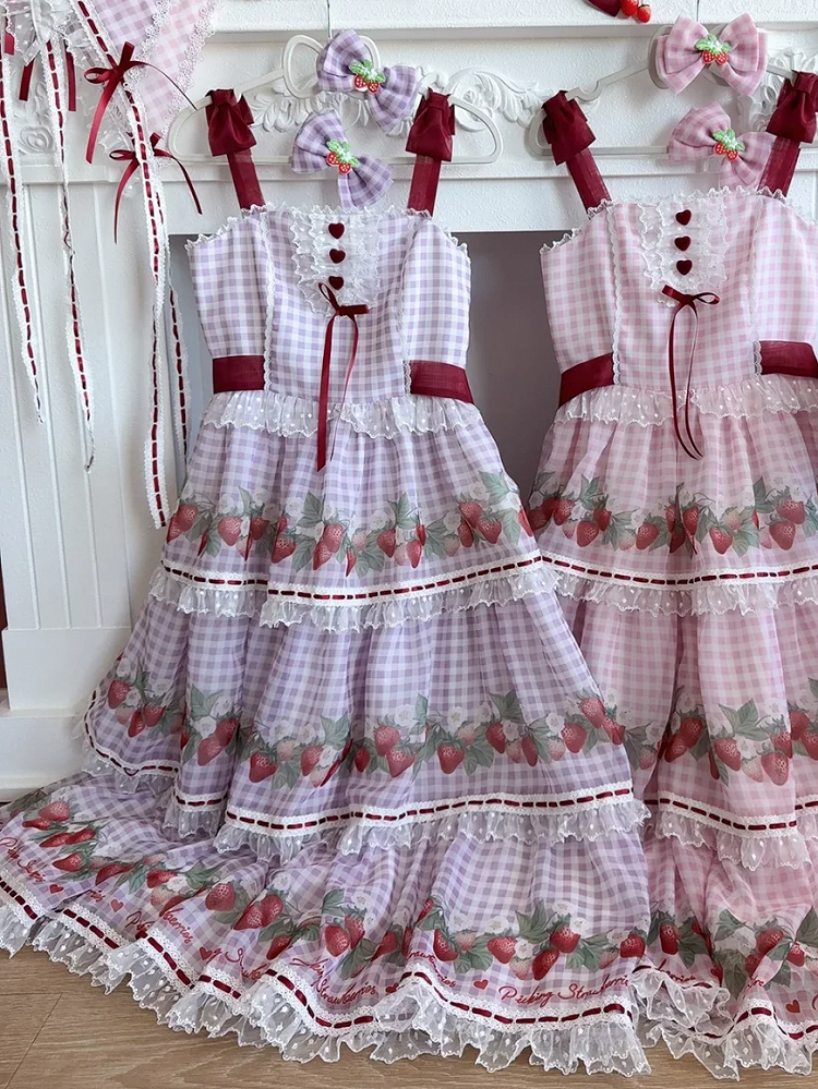 Cottagecore Strawberry Print Purple Picnic Gingham Dress Sweet Lolita Jumper Skirt