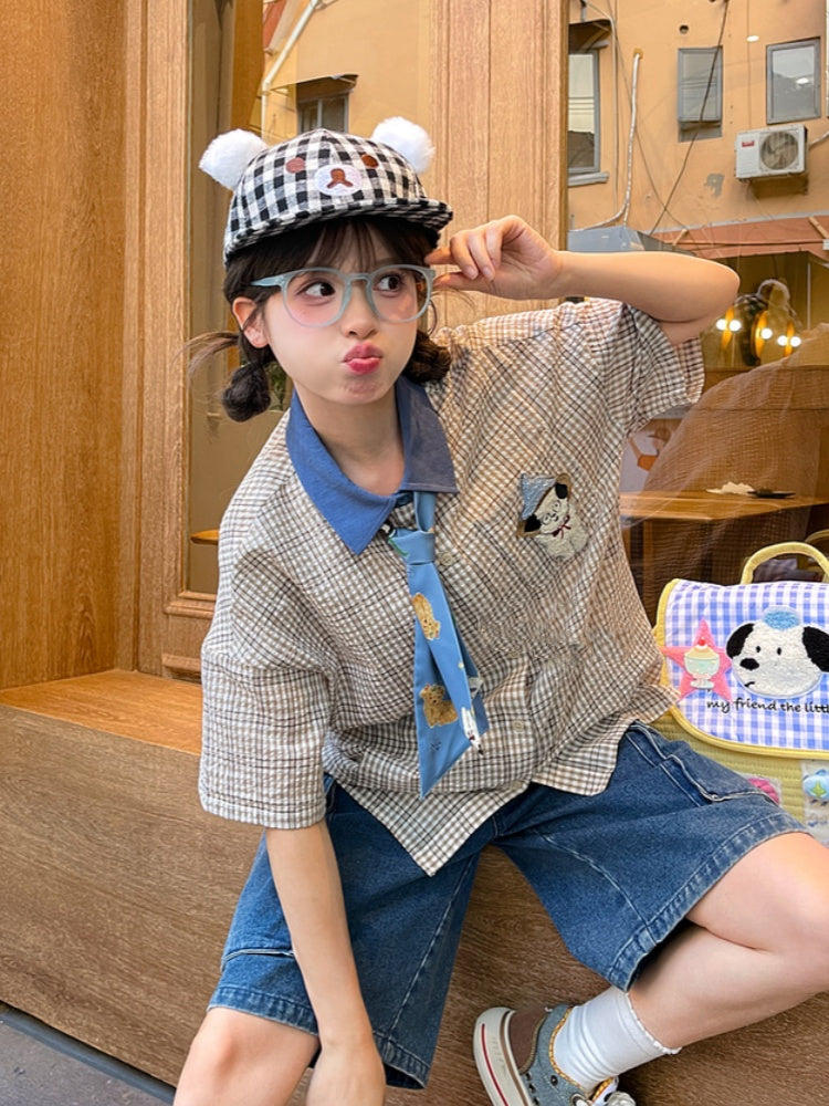 Adorable Puppy Embroidery Plaid Shirt with Tie Light Brown