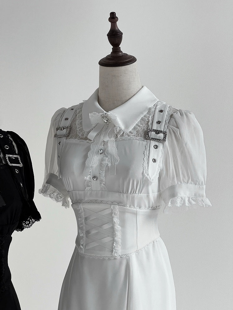 Free Belt Neckline Buckle Jirai Kei White Long Dress Illusion Accents Corset with